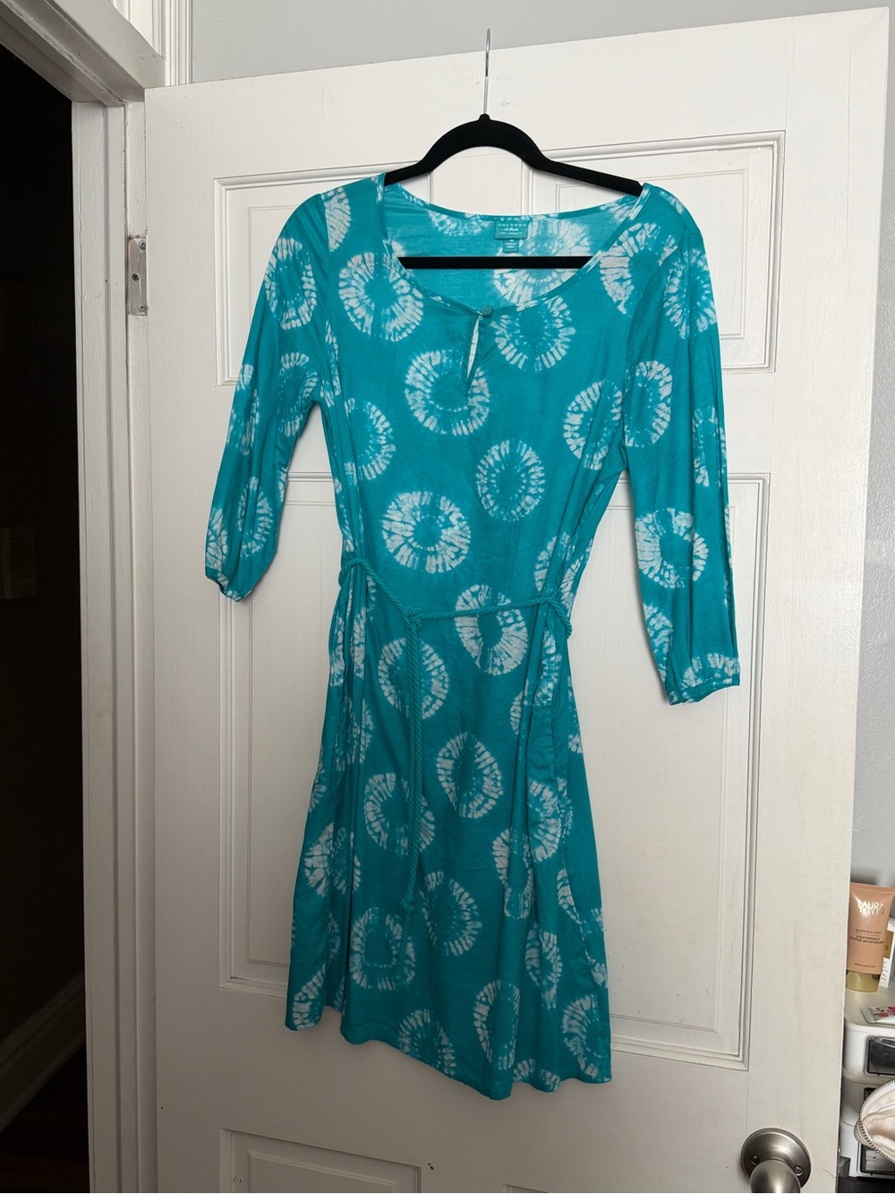 Calypso St. Barth Teal and White Tie-Dye Midi Dress with Self-Tie Waist